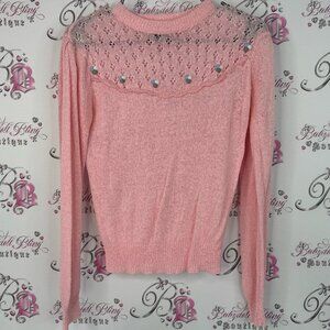 Chorus line sweater knit crochet embroidered floral details Pink Knit Sweater